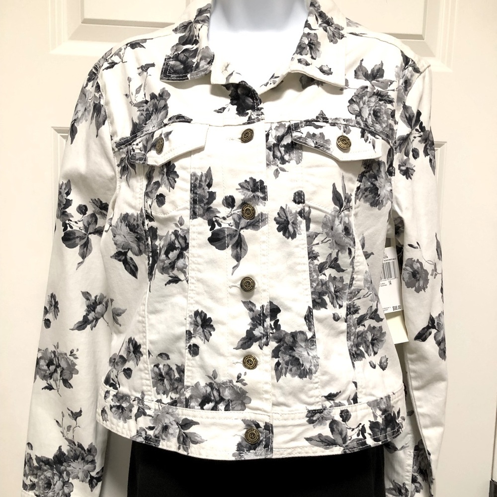 Black and white jean jacket with roses.